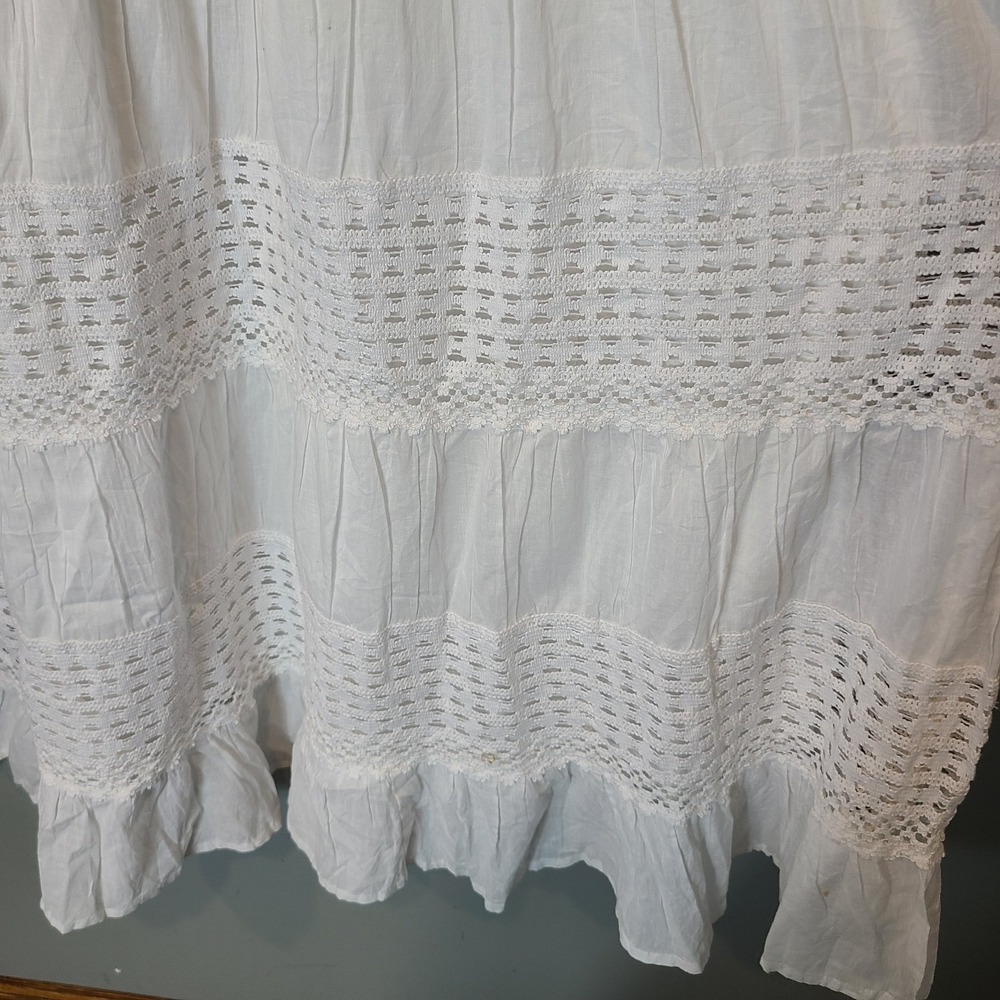NAOO Cotton White Crochet Lace Tiered Flowy Boho Cottage Maxi Dress Sz M Resort - Picture 6 of 11